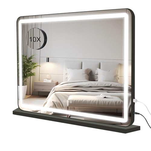 Buildonely Hollywood Schminkspiegel mit Beleuchtung, 80x55cm Schminkspiegel mit LED Licht Dimmbare 3 Lichtmodi, Groß Spiegel mit Touch Control, Tischplatte oder Wandhalterung, Schwarz von Buildonely