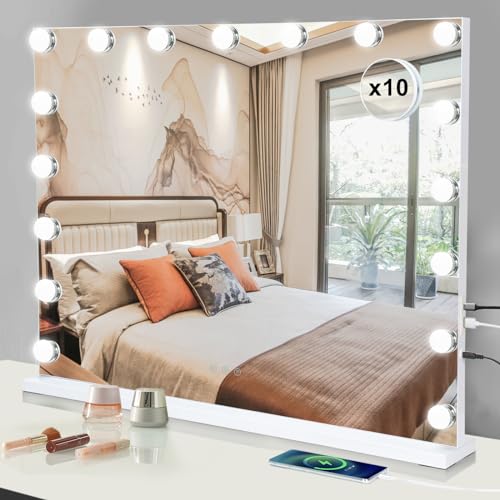 Buildonely Schminkspiegel mit Beleuchtung, 14 LED Licht Dimmbare mit 3 Farbtemperatur, Hollywood Spiegel mit Beleuchtung, Wandspiegel mit Touch Control, Tischspiegel mit 10X Vergrößerung - 50 x 42 cm von Buildonely