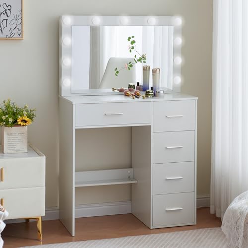 Buildonely Schminktisch mit Groß Spiegel und LED Beleuchtung, 3 Farbtemperaturen und Einstellbare Helligkeit, Kosmetiktisch mit 5 Schubladens, Modern, Weiß, 36x80x130cm Buildonely Schminktisch mit Groß Spiegel und LED Beleuchtung, 3 Farbtemperaturen und Einstellbare Helligkeit, Kosmetiktisch mit 5 Schubladens, Modern, Weiß, 36x80x130cm von Buildonely