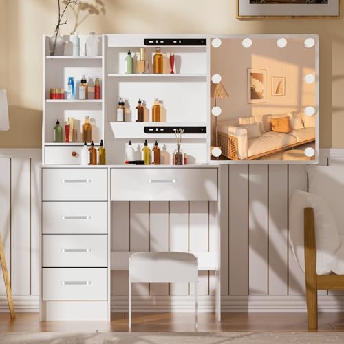 Buildonely Schminktisch mit Beleuchtung Hollywood und Hocker, Frisiertisch mit Spiegel und 6 Schubladen und 4 Ablagen für Schlafzimmer, Weiß, 36 x 80 x 131 cm Buildonely Schminktisch mit Beleuchtung Hollywood und Hocker, Frisiertisch mit Spiegel und 6 Schubladen und 4 Ablagen für Schlafzimmer, Weiß, 36 x 80 x 131 cm von Buildonely
