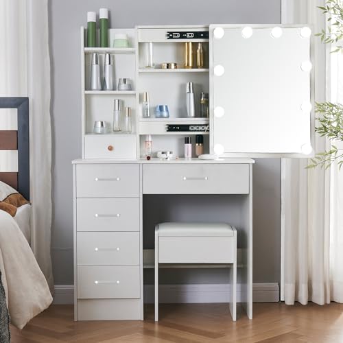 Buildonely Schminktisch mit LED-Beleuchtung und Spiegel, Frisiertisch mit Hocker für Makeup, Kosmetiktisch mit Schubladens, 3 Farbtemperaturen und Einstellbare Helligkeit, Weiß, 36x80x131 cm Buildonely Schminktisch mit LED-Beleuchtung und Spiegel, Frisiertisch mit Hocker für Makeup, Kosmetiktisch mit Schubladens, 3 Farbtemperaturen und Einstellbare Helligkeit, Weiß, 36x80x131 cm von Buildonely