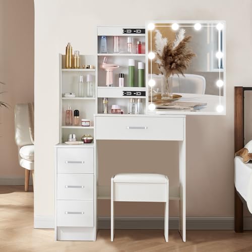 Buildonely Schminktisch mit Spiegel und LED Beleuchtung, 3 Farbtemperaturen und Einstellbare Helligkeit, Frisiertisch mit 4 Schubladens und Ablagen, 1 Hocker, Weiß Buildonely Schminktisch mit Spiegel und LED Beleuchtung, 3 Farbtemperaturen und Einstellbare Helligkeit, Frisiertisch mit 4 Schubladens und Ablagen, 1 Hocker, Weiß von Buildonely