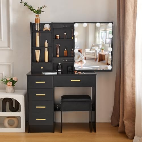 Buildonely Schminktisch mit Spiegel und LED Beleuchtung, 3 Farbtemperaturen und Einstellbare Helligkeit, Frisiertisch mit 6 Schubladens, 1 Hocker, Modern, Schwarz, 36 x 80 x 131 cm Buildonely Schminktisch mit Spiegel und LED Beleuchtung, 3 Farbtemperaturen und Einstellbare Helligkeit, Frisiertisch mit 6 Schubladens, 1 Hocker, Modern, Schwarz, 36 x 80 x 131 cm von Buildonely
