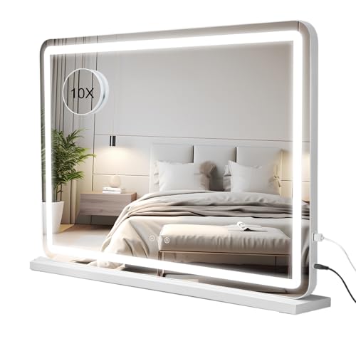 Buildonely Hollywood Schminkspiegel mit Beleuchtung, 80x55cm Schminkspiegel mit LED Licht Dimmbare 3 Lichtmodi, Groß Spiegel mit Touch Control, Tischplatte oder Wandhalterung, 10X Vergrößerung von Buildonely