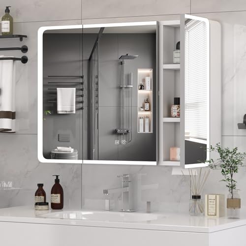 Buildonely Spiegelschrank Bad mit Beleuchtung, Badezimmer Spiegelschrank mit Antibeschlag-Funktion, Hängeschrank mit 3 Türen, Touchscreen-Steuerung, 90 x 70 cm, Aluminiumlegierung von Buildonely