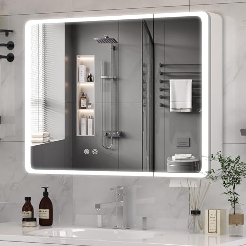 Buildonely Spiegelschrank Bad mit Beleuchtung 80 x 70 cm, Badezimmer Spiegelschrank mit Antibeschlag-Funktion für Badezimmer, Touchscreen-Steuerung, Aluminiumlegierung, Fertig Montiert von Buildonely