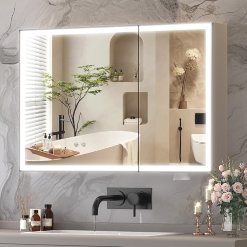 Buildonely Spiegelschrank Bad mit Beleuchtung 90 x 60 cm, Badschrank mit Antibeschlag-Funktion, Touchscreen-Steuerung, Aluminiumlegierung, Fertig Montiert von Buildonely