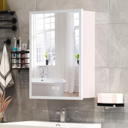 Buildonely Spiegelschrank mit Beleuchtung 56 x 40 cm, Badschrank mit Festem Regal, Spiegelschrank Bad mit Antibeschlag-Funktion und Türen, Touchscreen-Steuerung, Aluminiumlegierung von Buildonely