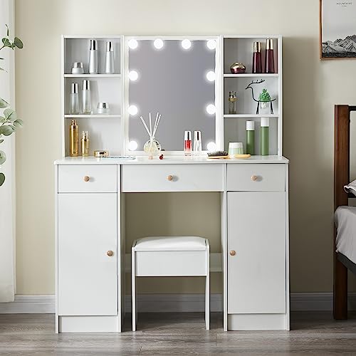 Buildonely Vanity Desk with Mirror & Light, Large Drawer & Three Level Storage Dresser von Buildonely