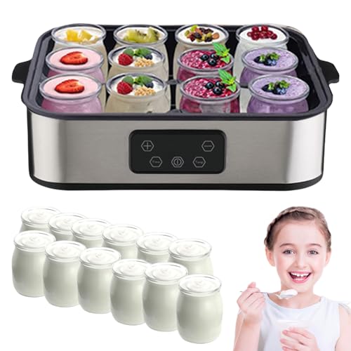 Digitaler Joghurtbereiter mit 12 Gläsern, einstellbarer Temperatur, Edelstahl, elektrische Joghurt-Maschine mit LED-Anzeige und Timer, 12 180 ml Glasbehälter für frische, gesunde hausgemachte Desserts von Builrand
