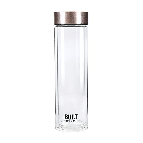 BUILT Tiempo Isolierte Glas-Wasserflasche, BPA-freies Borosilikatglas / Edelstahlflasche, Roségold, 450 ml von Built