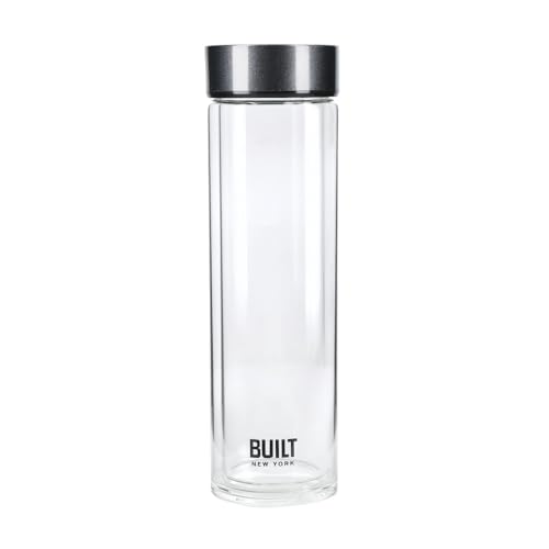 BUILT Tiempo Isolierte Glas-Wasserflasche, BPA-freies Borosilikatglas / Edelstahlflasche, Kohle, 450 ml von Built