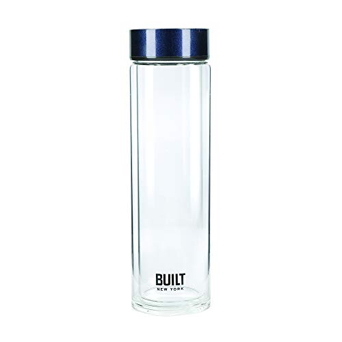 BUILT Tiempo Isolierte Glas-Wasserflasche, BPA-freies Borosilikatglas / Edelstahlflasche, Mitternachtsblau, 450 ml von Built