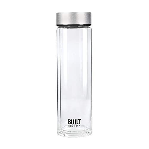 BUILT Tiempo Isolierte Glas-Wasserflasche, BPA-freies Borosilikatglas / Edelstahlflasche, Silber, 450 ml von Built