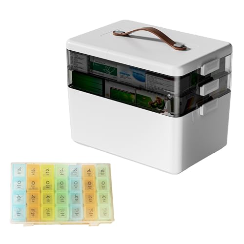 Buithafu 3- stufige Medikamentenbox – Große Aufbewahrungsbox für Tabletten& Erste- Hilfe mit sicherem Verschluss, 3 Ebenen, leicht zu transportieren, robuste Kunststoff- Apothekenbox (weiß) von Buithafu