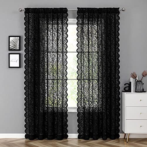 Bujasso Black Lace Sheer Curtains Vintage Floral Sheer Window Curtain Panels for Living Room Bedroom Luxury Light Filtering Drapes Black Window Treatment Sets Rod Pocket 2 Panels 54" Wx95L Bujasso Black Lace Sheer Curtains Vintage Floral Sheer Window Curtain Panels for Living Room Bedroom Luxury Light Filtering Drapes Black Window Treatment Sets Rod Pocket 2 Panels 54" Wx95L von Bujasso