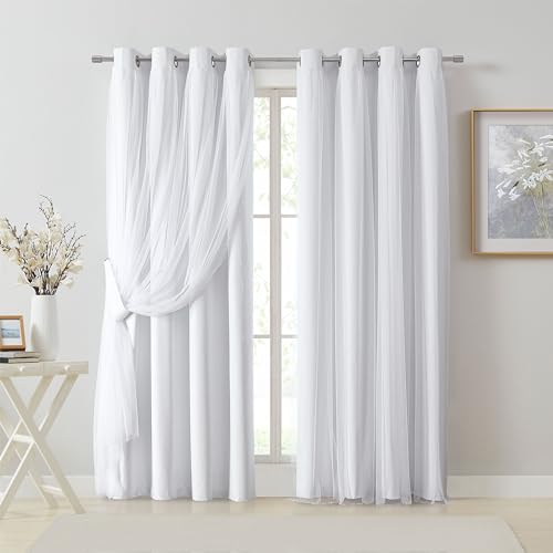 Bujasso Weißer Verdunkelungsvorhang mit transparenter Überlagerung, Doppelschicht, wärmeisoliert, Fensterbehandlungs-Set für Wohnzimmer, weiße Vorhänge mit Raffhaltern, Ösen, oben, 137,2 cm B x 213,3 von Bujasso