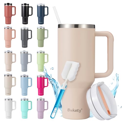 Bukaty Thermobecher mit Strohhalm und Henkel 40oz/1.2L,Großer Trinkbecher mit Deckel und Strohhalm,Kaffeebecher to go Thermo,Edelstahl Vakuum Isolierbecher Tragbare Autobecher für Kalte Heiße Getränke von Bukaty