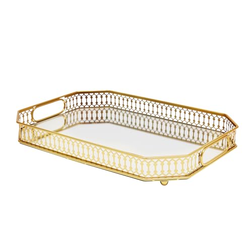 Metall Rechtwinklig Serving Tablett, 35cm Gold Serviertablett mit Spiegel Glas Dekoratives Butler Tablett Servierplatte Multifunktionsschale, für Essen Getränke Schmuck Schlüssel zu Hause von Bukeey