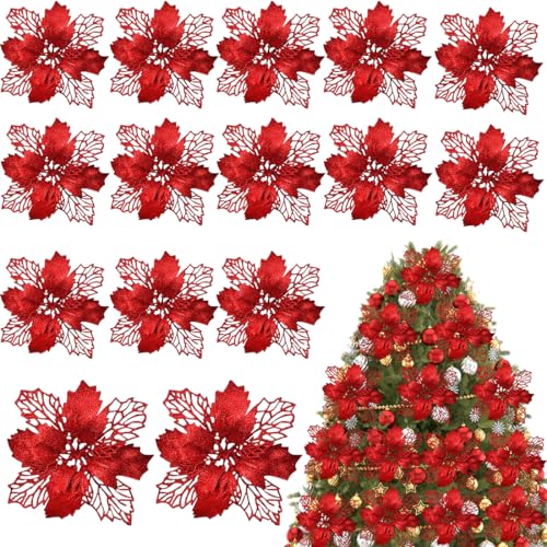 15 Stück Weihnachten Glitzer Weihnachtsstern Blumen, Christmas Glitter Poinsettia, Künstlicher Blumenschmuck mit Clips, Weihnachtsblumen Blumen Deko, für Hochzeit Neujahr Ornamente, 16cm, Rot von Bukezudang