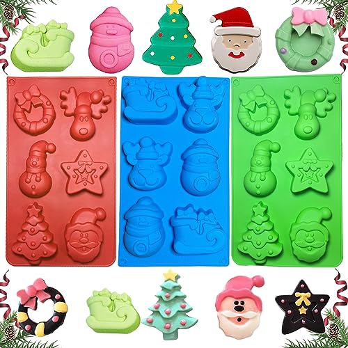 3 Stück Weihnachten Seifenform, 6-Cavity Silikonform, Silikonformen Werkzeuge, 3D Backform mit Form von Schneemann Rentier Schlitten, für Kuchen Backen Pralinen Süßigkeiten Gelee, Rot, Grün und Blau von Bukezudang