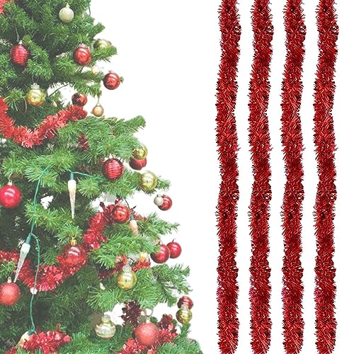 4 Stück Weihnachtsbaum Lametta, Lametta Glänzend Girlande, Weihnachten Lametta Glänzend, Metallisch Glänzend Girlande, Hängende Dekorationen, Für Weihnachtsbaumschmuck Weihnachtsfeier, Je 2m, Rot von Bukezudang