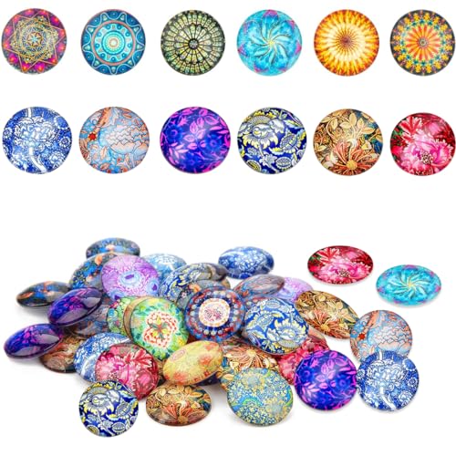 50 Stück Gemischte Farbe Glassteine, Glassteine Mosaiksteine,Muggelsteine Glascabochons Flatback Runde Glas-CabochonsGlückssteine Glassteine für die Herstellung von Fotoschmuck-Nylon von Bukezudang