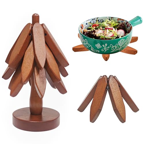 Bukuhlio Wooden Faltbare Baum Coasters Weihnachtsbaumform Baumkunst Verbrühungsmatte Holzuntersetzer,Wood Tree Coaster Set with Organizer Rack,Wooden Tree Coasters Table Mats (Farbe Redwood) von Bukuhlio