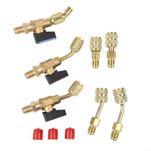 Komplettes 7-teiliges kompaktes Kugelhahn-Set für R134A mit 3 abgewinkelten Ventilen und 4 Adaptern für effiziente Reparaturen von Bulevisiter