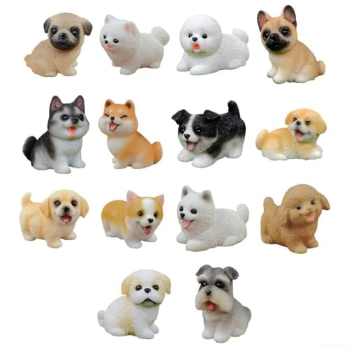 Miniatur-Hundefiguren-Set mit 14 bunten Harz-Tier-Dekorationen für Feengärten, Schreibtisch und Wohnraum-Verbesserung von Bulevisiter