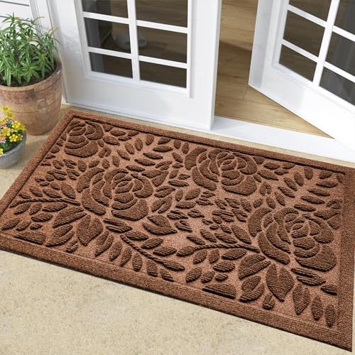 Bulijojo Fußmatte für den Eingang, langlebig, strapazierfähig, dick, saugfähig, Naturkautschuk, rutschfeste Matte, robuster Eingangsbereich, braune Blume, 58 x 89 cm von Bulijojo