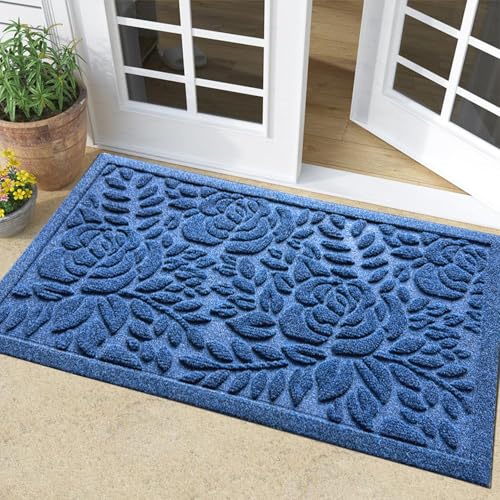 Bulijojo Fußmatte für den Eingang, langlebig, strapazierfähig, dick, saugfähig, Naturkautschuk, rutschfeste Matte, stabiler Eingangsbereich, blaue Blume, 58 x 89 cm von Bulijojo