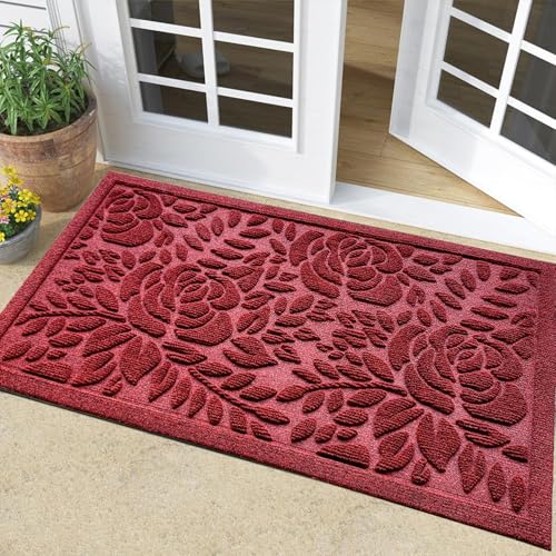 Bulijojo Fußmatte für den Eingang, langlebig, strapazierfähig, dick, saugfähig, Naturkautschuk, rutschfeste Matte, stabiler Eingangsbereich, rote Blume, 58 x 89 cm von Bulijojo