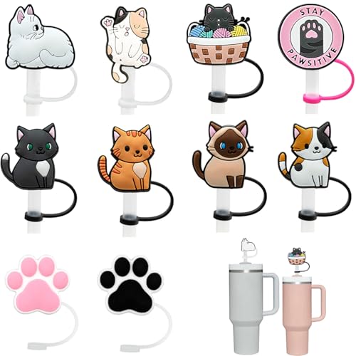 10 Stück Zubehörset für Stanley Cup, 9-10mm Katzen Strohhalm, Wiederverwendbare Silikon Strohhalm Abdeckung, Staubdichte Tragbare Strohkappen für Stanley Cup Quencher 2.0, 1,2 l und 850 ml Becher von Bull Tiger Prestige