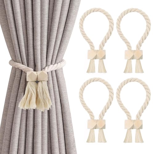 4 Stück Magnetische Vorhang Raffhalter, Gardinenhalter Raffhalter aus Holz Boho, Handgewebt Gardinen Raffhalter, Vorhanghalter, Raffhalter Magnetisch, Baumwollseil für Home Büro Gardinen Deko (Beige) von Bull Tiger Prestige