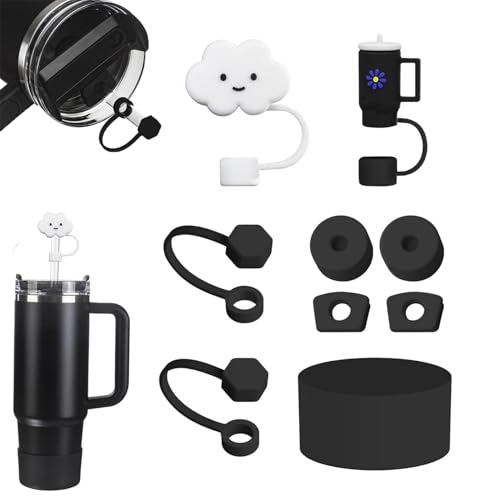 9 Stück Stanley Becherzubehör Set mit 1 Schwarz Silikonhülle,2 Strohhalm Abdeckung für 9-10 mm Strohhalm,6 Silikon Auslaufsicheres Stopfen für Stanley Quencher 2.0 30oz und 40oz(Cups Nicht Enthalten) von Bull Tiger Prestige