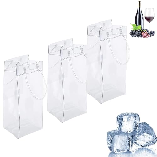 Gamrong 3 Stücke Ice Bag Transparente Eisweinbeutel mit Griff für Eiswein, Eisbeutel, Tragbar Faltbar Transparent Kühltasche, Ice Bag Auslaufsichere, kaltes Bier, Weißwein, gekühlte Getränke, Party von Bull Tiger Prestige