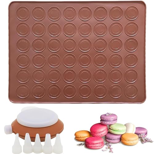 Gamrong Kapazität Macaron Silikonbackmatte, Backmatte Löcher Macarons, Silikon Backmatte 48 Löcher, 38 x 28 cm Backmatte für Macarons mit 1 Spritzbeutel und 5 Spitzen, BPA Frei für Makronen/Brot/Pizza von Bull Tiger Prestige