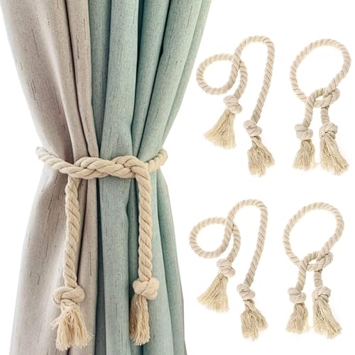 4 Stück Vorhangseil Raffhalter，Raffhalter Vorhang Seil Curtain Rope Buckle Handgemachte Vorhang， 100CM Vorhang-Raffhalter, Baumwolle, handgewebt, Raffhalter, Vorhangbänder für Vorhänge (Beige) von Bull Tiger Prestige