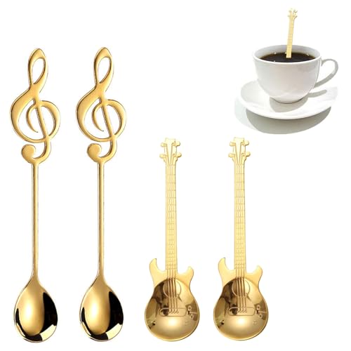 Gitarre Kaffeelöffel Set, 4 Stück Gitarren Löffel Musiknoten Löffel, Edelstahl Kaffeelöffel Kleine Löffel for Zuhause, Lustig Musik Deko Geschenk Teelöffel, Kaffeelöffel für Tee Kaffee Milch Eisbecher von Bull Tiger Prestige