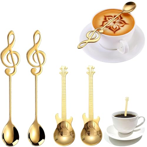 Gitarre Kaffeelöffel Set, 4 Stück Gitarren Löffel Musiknote Rührlöffel, Edelstahl Kaffee Löffel Kleine Löffel for Zuhause, Lustig Musik Deko Geschenk Teelöffel, Dessertlöffel für Tee Milch Eisbecher von Bull Tiger Prestige