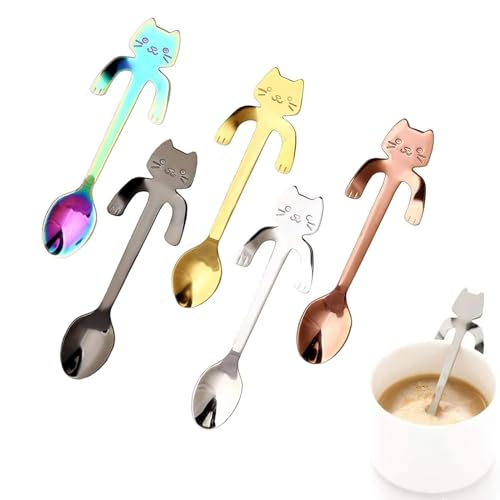 Gamrong 5 Stück Katze Kaffee Löffel, Edelstahl Hängendes Design Teelöffel Dessertlöffel Mini Kätzchen Rührlöffel für Tee, Milch, Dessert, Kaffee(5 Farben) von Bull Tiger Prestige