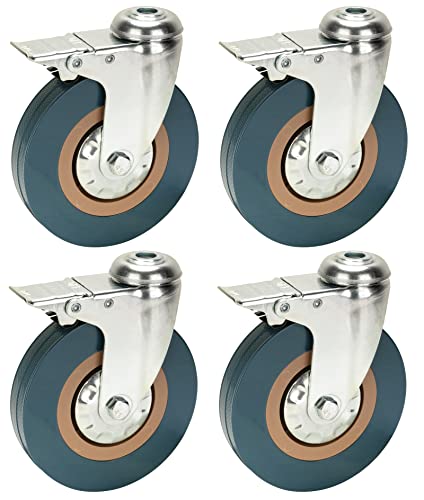 Bulldog Castors Schwerlastrollen aus Gummi, 125 mm, abriebfest, mit Bremsen, max. 400 kg Tragkraft pro Set von Bulldog Castors