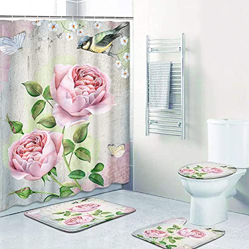 4-teiliges Blumenduschvorhang-Set mit rutschfestem Teppich, Toilettendeckelabdeckung Badematte wasserdichtem Duschvorhang für Schmetterlinge Blumen Badeduschvorhang für Badezimmer (Vintage Rose) von Bullpiano