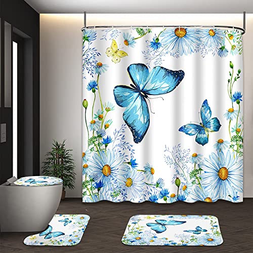 4-teiliges Blumenduschvorhang-Set mit rutschfestem Teppich, Toilettendeckelabdeckung Badematte wasserdichtem Duschvorhang für Schmetterlinge Blumen Badeduschvorhang für Badezimmer (butterflies02) von Bullpiano