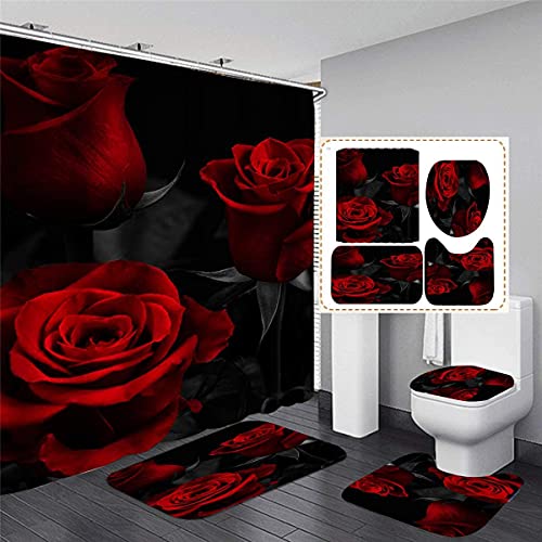 4-teiliges rotes Rosen Duschvorhang Set mit rutschfesten TeppichenToilettendeckelabdeckung und Badematte,wasserdichter Polyester-Duschvorhang für Badezimmer mit 12 Haken Home Badezimmer-Dekor-Sets von Bullpiano