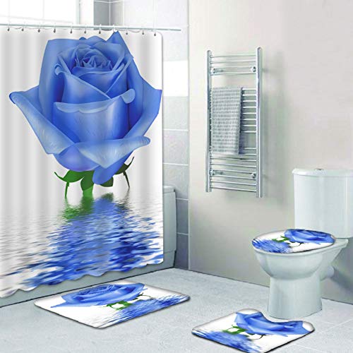 4Pcs Rose Duschvorhang Set mit rutschfesten Teppichen Toilettendeckel und Badematte Valentinstag Blumen Bad Vorhang Wasserdichter Polyester Duschvorhang für Badewanne mit 12 Haken 72x72in (A5) von Bullpiano