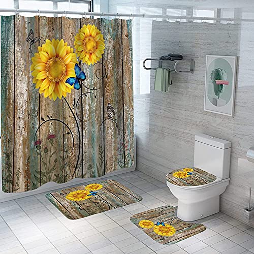 4Pcs Rose Duschvorhang Set mit rutschfesten Teppichen Toilettendeckel und Badematte Valentinstag Blumen Bad Vorhang Wasserdichter Polyester Duschvorhang für Badewanne mit 12 Haken 72x72in (A9) von Bullpiano