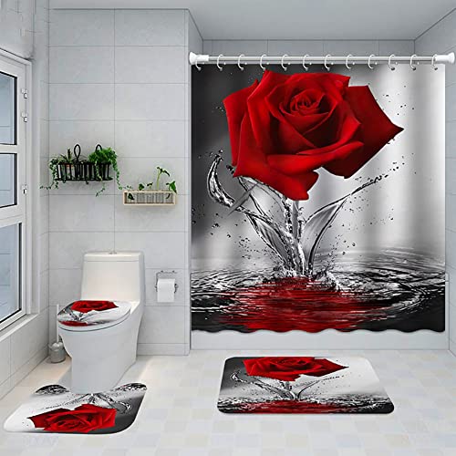 4Pcs Rose Duschvorhang Set mit rutschfesten Teppichen Toilettendeckel und Badematte Valentinstag Blumen Bad Vorhang Wasserdichter Polyester Duschvorhang für Badewanne mit 12 Haken 72x72in (J) von Bullpiano