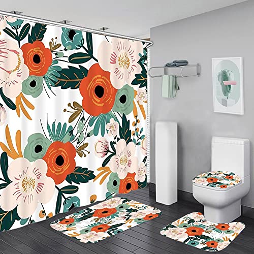 4Pcs Rose Duschvorhang Set mit rutschfesten Teppichen Toilettendeckel und Badematte Valentinstag Blumen Bad Vorhang Wasserdichter Polyester Duschvorhang für Badewanne mit 12 Haken 72x72in (ROSE1) von Bullpiano